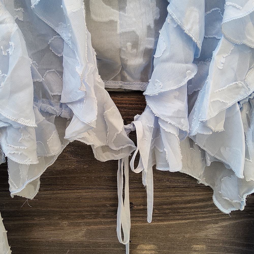 Prettylittlething Baby Blue Floral Organza Ruffled Sheer Tie Crop Top Size 4 - Picture 4 of 9